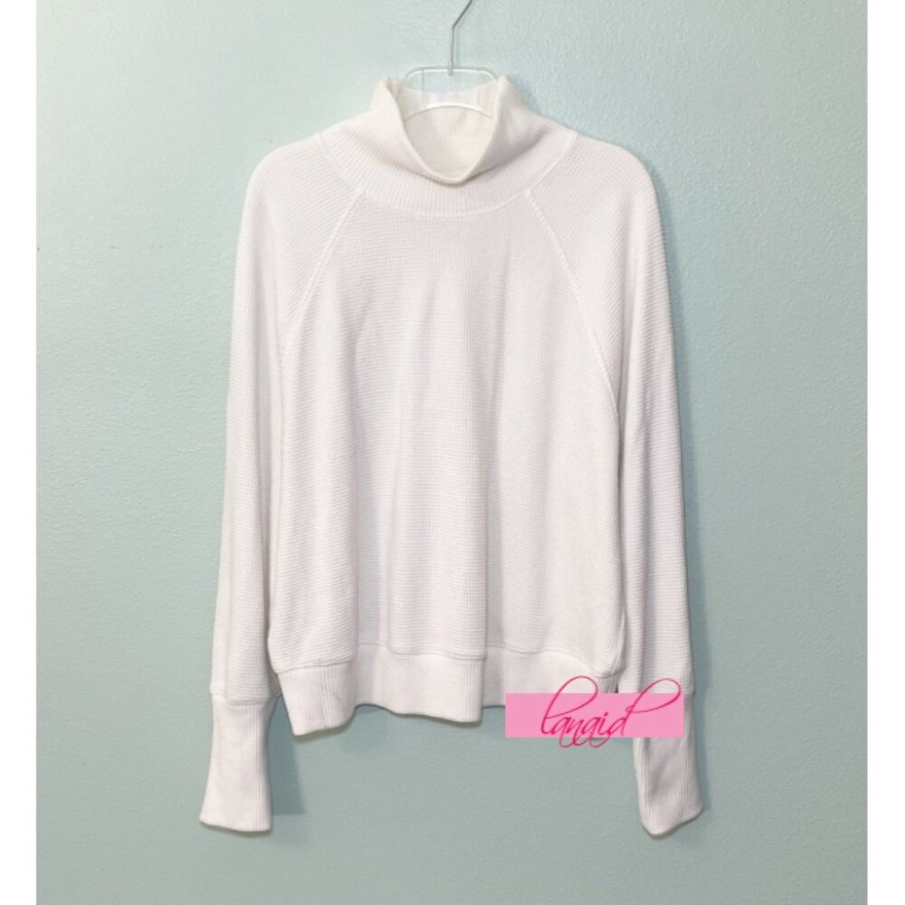 Alo Weekend Escape Mock Neck Long Sleeve Ivory Waffle Thermal Turtleneck Sweater - Picture 12 of 16